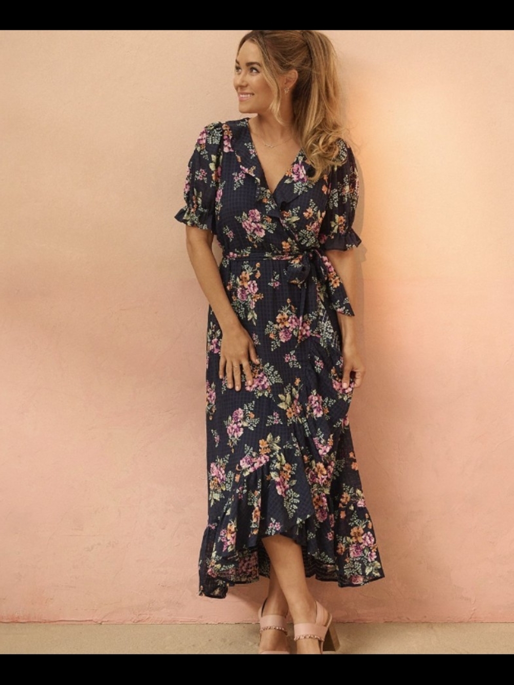 LC Lauren Conrad Navy Floral Wrap Maxi Dress with Pink Blooms